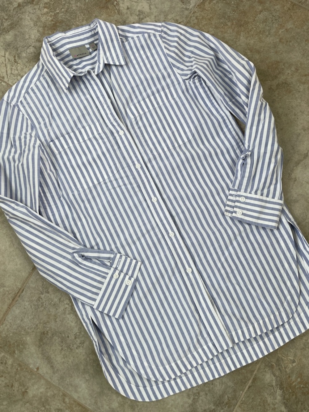 Athleta Blue and White Vertical Stripe Button-Down Shirt/tunic